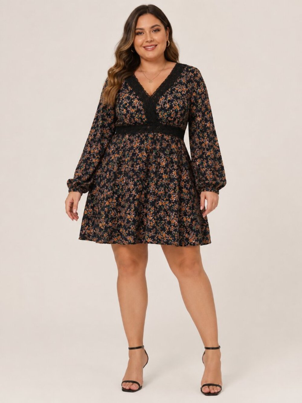SHEIN Curve Black Floral Boho Dress 3XL Lace Trim Long Sleeve Mini Dress 100% Po
